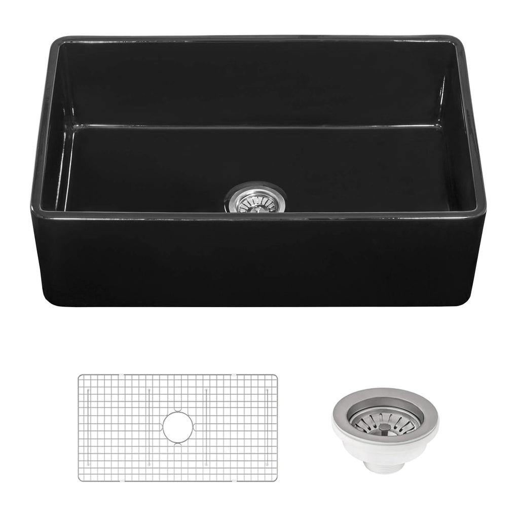 Ruvati Fiamma — Tarja Farmhouse de Cocina de 30 x 20 pulg en Fireclay — Negro Brillante