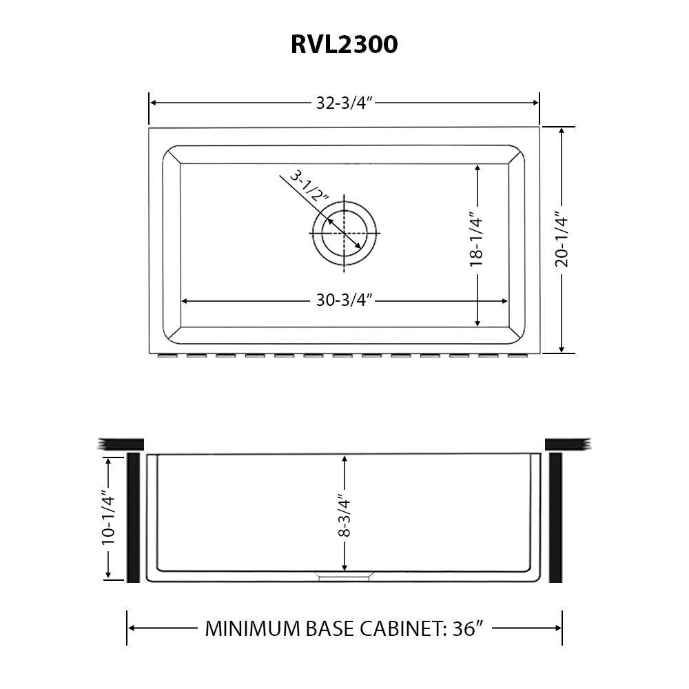 Ruvati Fiamma — Tarja Farmhouse de Cocina de 33 x 20 pulg en Fireclay — diagrama de dimensiones