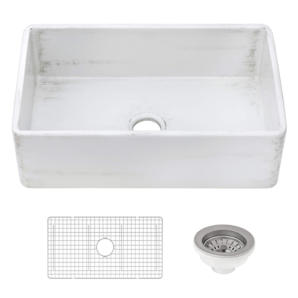 Ruvati Fiamma — Tarja Farmhouse de Cocina de 33 x 20 pulg en Fireclay — Blanco Envejecido