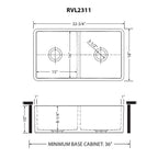 Ruvati Fiamma — Tarja Farmhouse de Cocina de 33 x 18 pulg en Fireclay — diagrama de dimensiones
