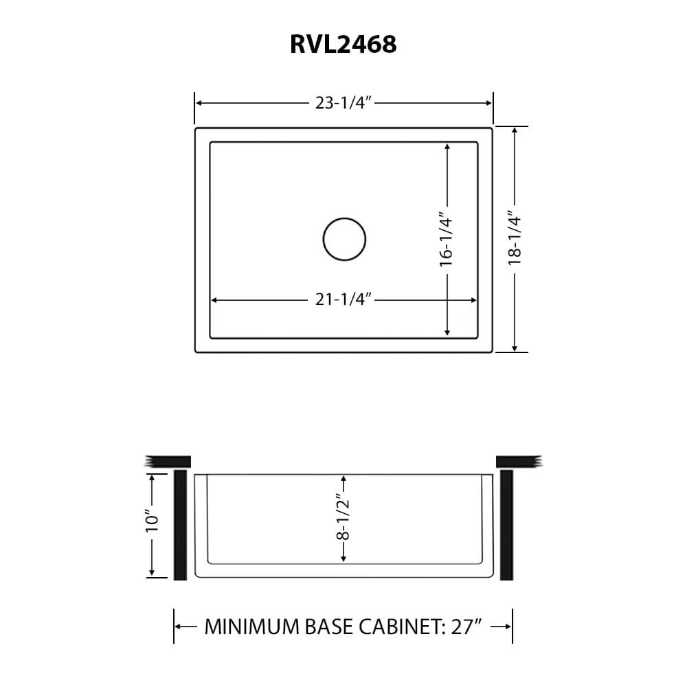 Ruvati Fiamma — Tarja Farmhouse de Cocina en Fireclay — diagrama de dimensiones
