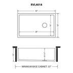 Ruvati Fiamma — Tarja Farmhouse de Cocina en Fireclay — diagrama de dimensiones