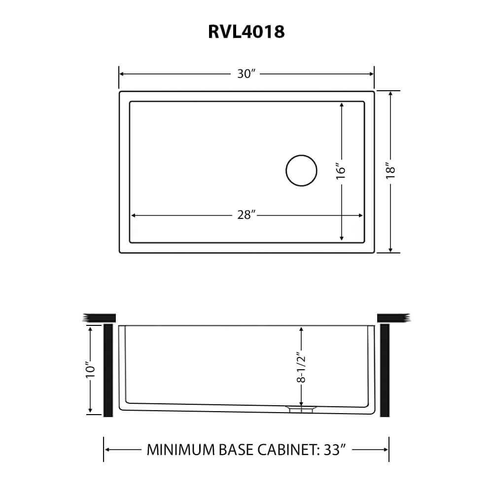 Ruvati Fiamma — Tarja Farmhouse de Cocina en Fireclay — diagrama de dimensiones
