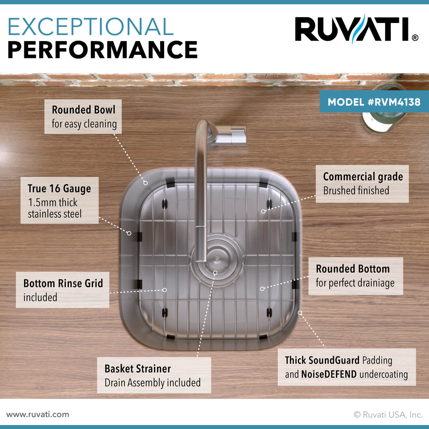 Ruvati Parmi — Tarja de Bar / Prep de 16 x 16 pulg en Acero Inoxidable — Acero Inoxidable — 2