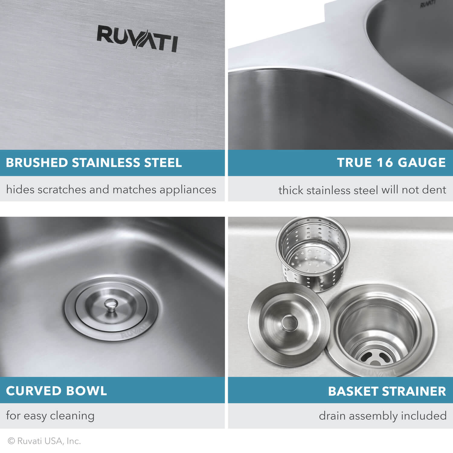 Ruvati Parmi — Tarja de Bar / Prep de 16 x 16 pulg en Acero Inoxidable — Acero Inoxidable — 4