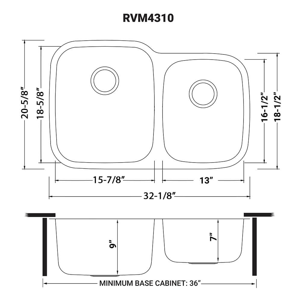 Ruvati Parmi — Tarja de Cocina en Acero Inoxidable — diagrama de dimensiones