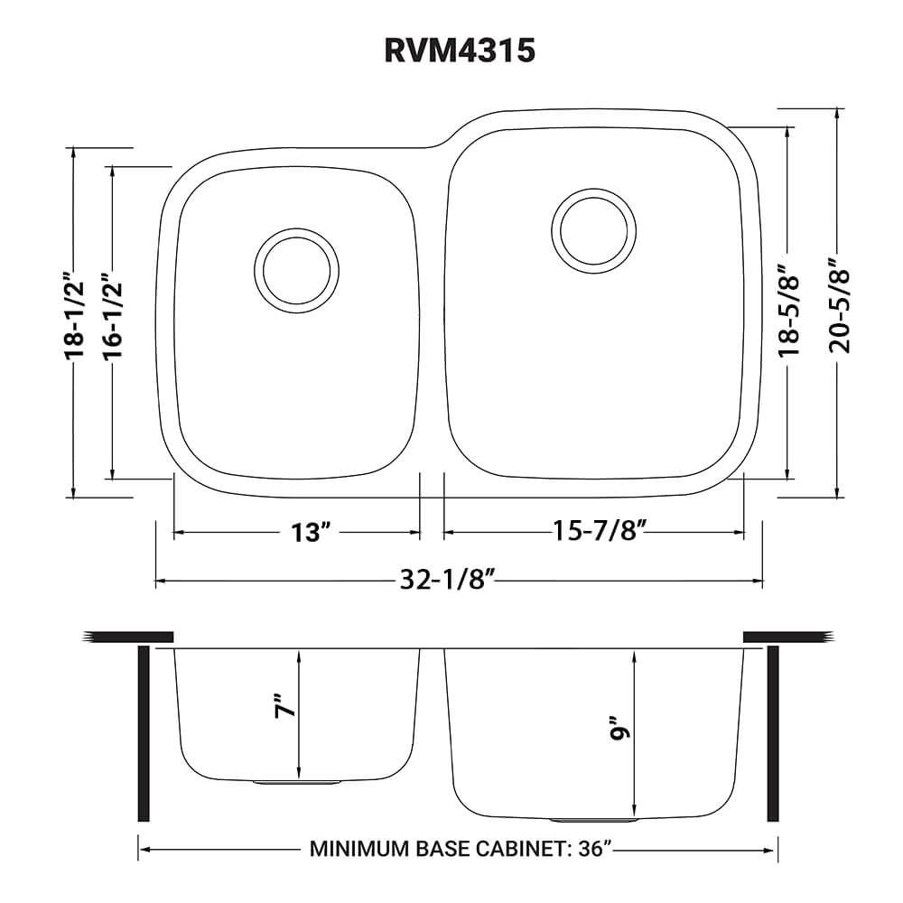 Ruvati Parmi — Tarja de Cocina en Acero Inoxidable — diagrama de dimensiones