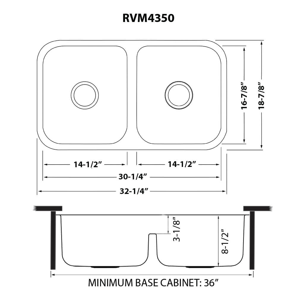 Ruvati Parmi — Tarja de Cocina en Acero Inoxidable — diagrama de dimensiones