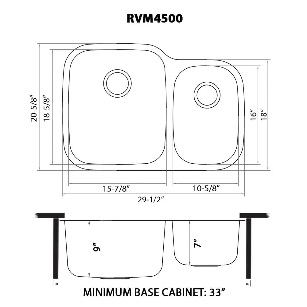 Ruvati Parmi — Tarja de Cocina en Acero Inoxidable — diagrama de dimensiones