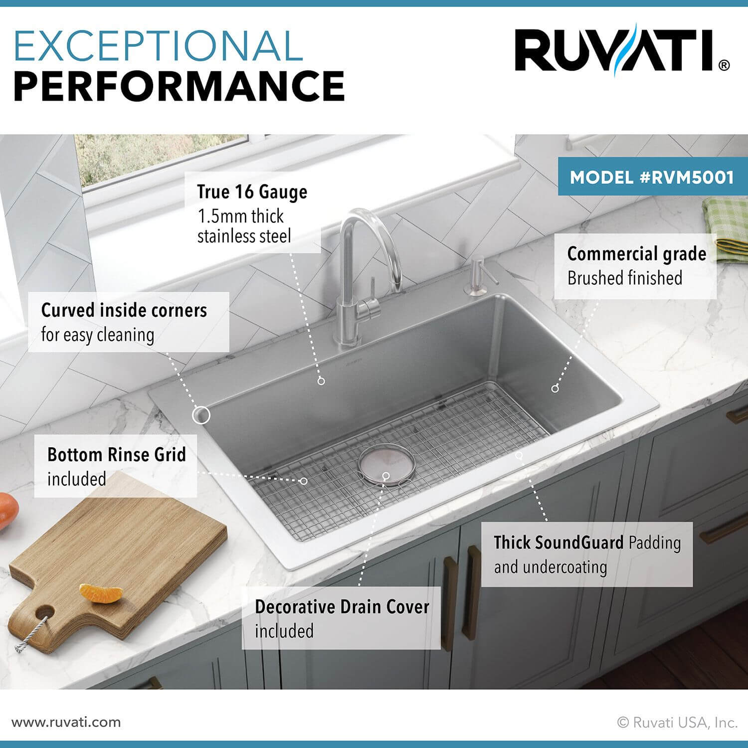Ruvati Modena — Tarja de Cocina de 33 x 22 pulg en Acero Inoxidable — Acero Inoxidable — 2