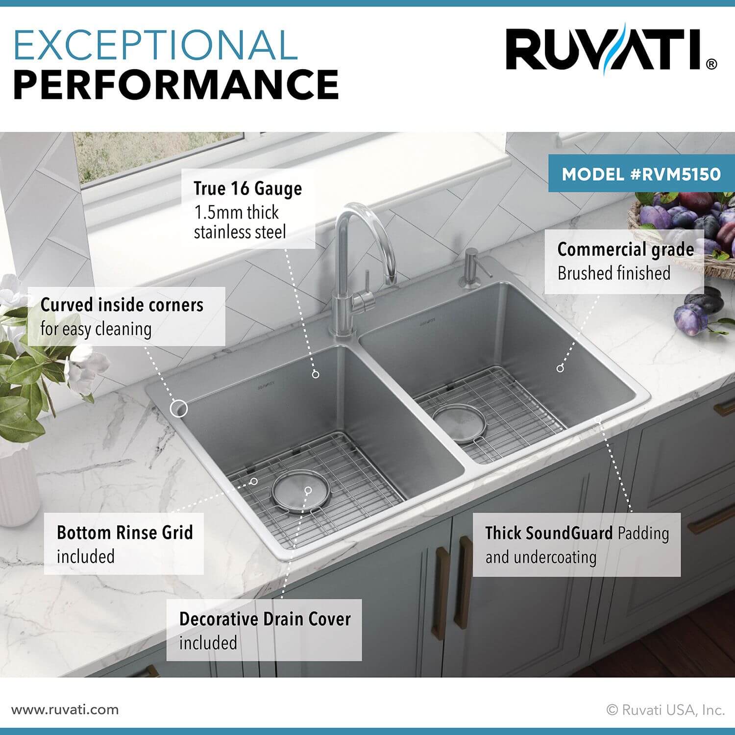 Ruvati Modena — Tarja de Cocina de 33 x 22 pulg en Acero Inoxidable — Acero Inoxidable — 2