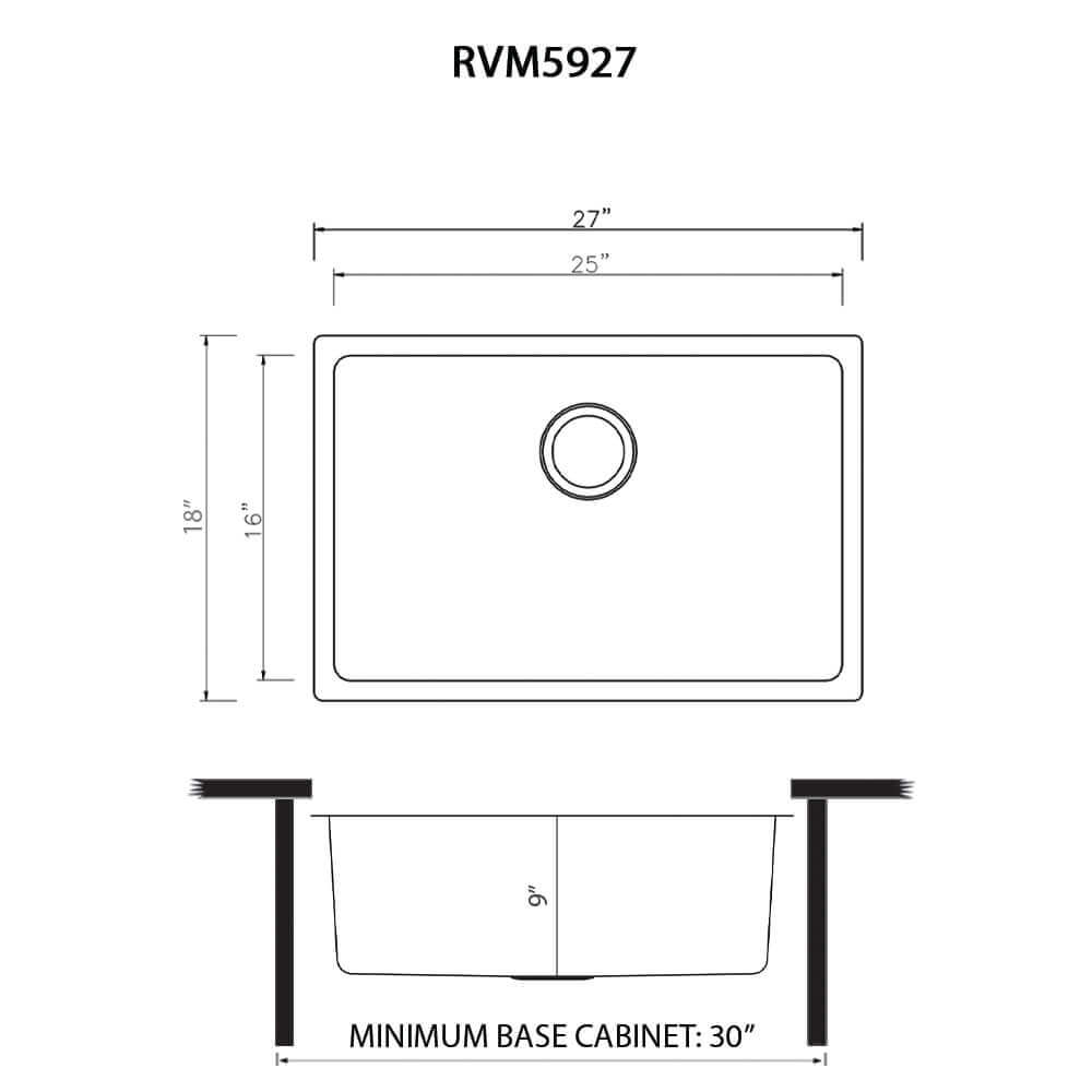 Ruvati Modena — Tarja de Cocina en Acero Inoxidable — diagrama de dimensiones