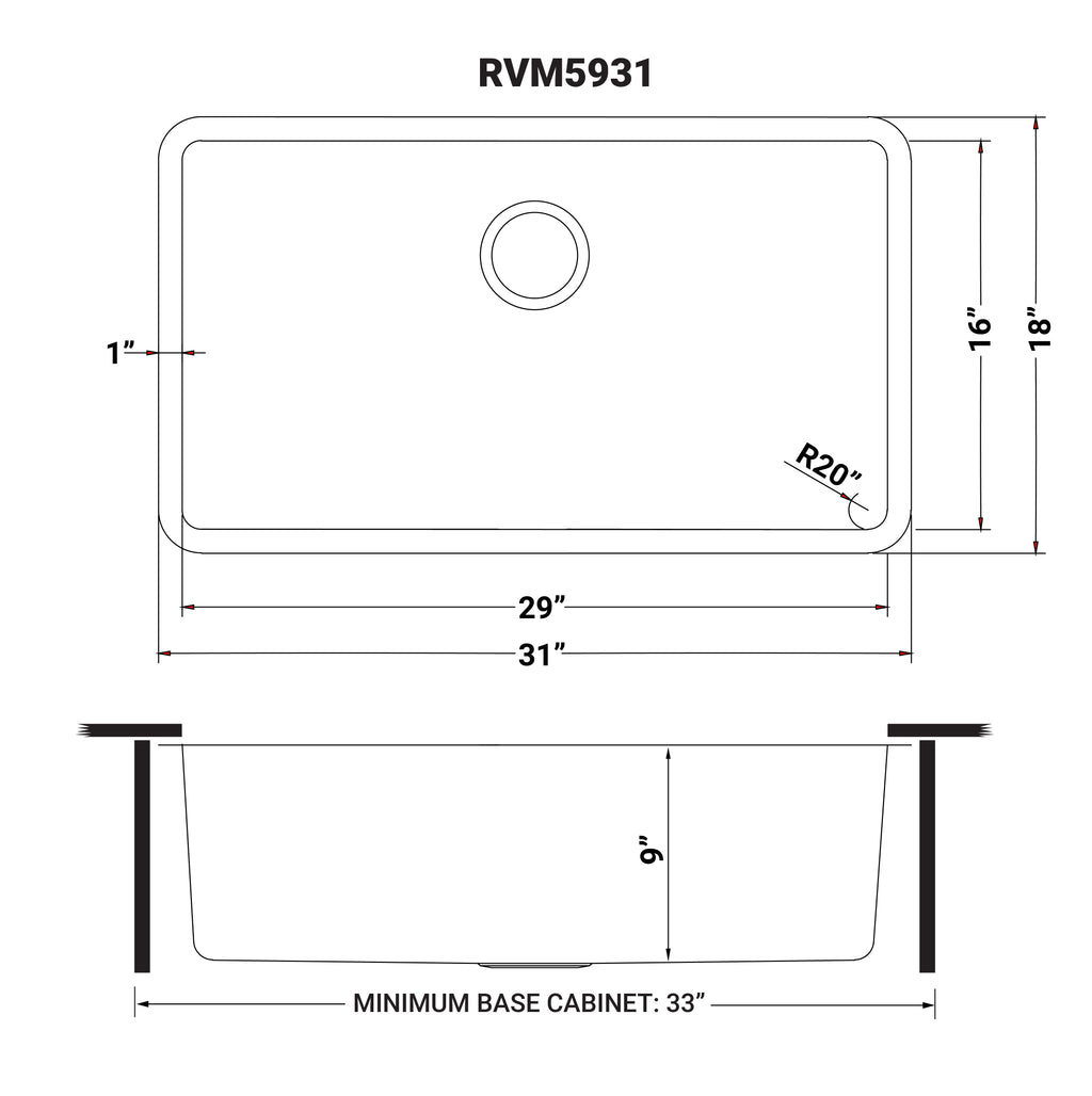 Ruvati Modena — Tarja de Cocina en Acero Inoxidable — diagrama de dimensiones