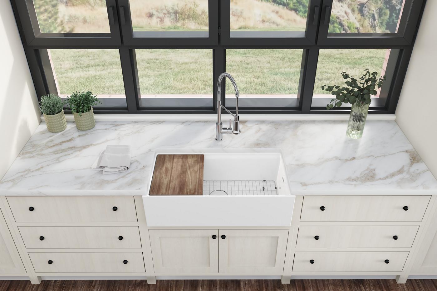 Elkay Tarja Fireclay 36" x 18-13/16" x 9-5/8" de Un Tazón Farmhouse Workstation (Kit) Blanco — ambiente de cocina
