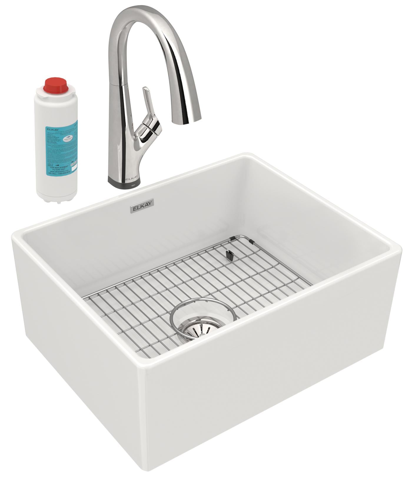 Elkay Tarja Fireclay 24-7/16" x 19-11/16" x 9-1/8" de Un Tazón Farmhouse (Kit) con Llave Filtrada Blanco — vista de producto