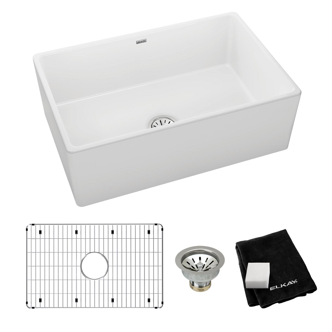 Elkay Tarja Fireclay 30" x 19-15/16" x 9-1/8" de Un Tazón Farmhouse (Kit) Blanco — ambiente de cocina