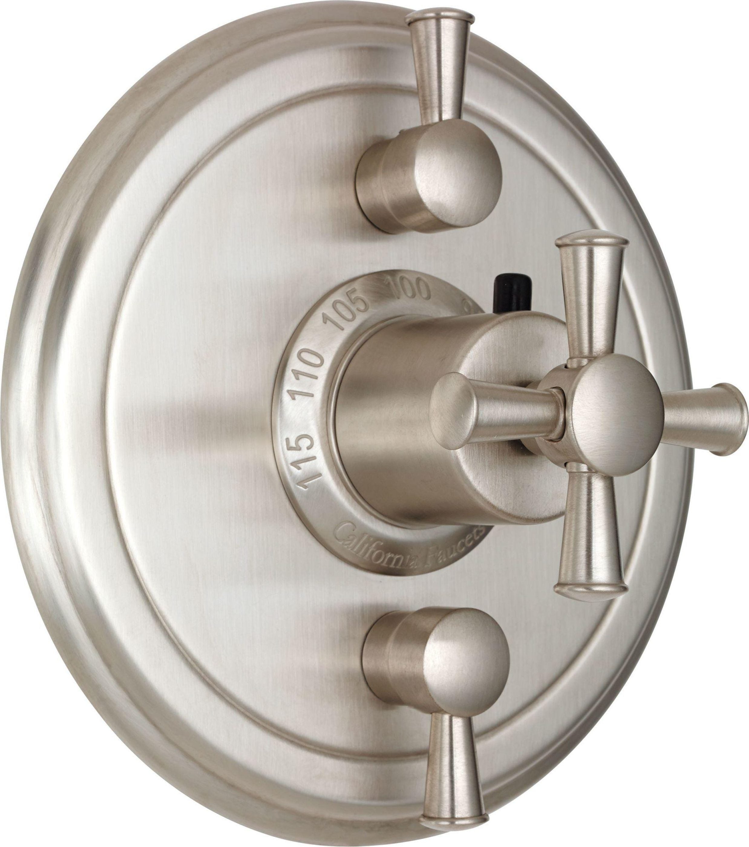 California Faucets Miramar StyleTherm con Control de Volumen Dual - Placa Redonda, Manija de Cruz