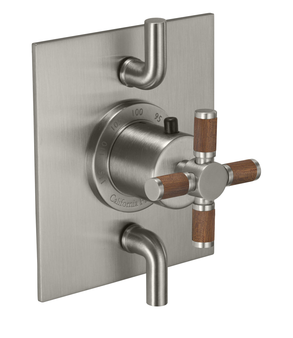 California Faucets Descanso StyleTherm con Control de Volumen Doble - Manija de Cruz de Teca
