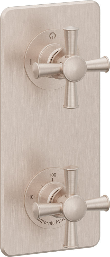 California Faucets Miramar StyleTherm Vista™ - Placa Cuadrada Sencilla (9" x 4"), Cartucho de 2 Salidas No Compartidas, 2 Manijas de Cruz