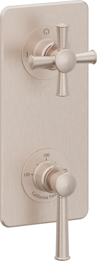California Faucets Miramar StyleTherm Vista™ - Placa Cuadrada Sencilla (9" x 4"), Cartucho de 2 Salidas No Compartidas, 1 Manija de Palanca y 1 Manija de Cruz