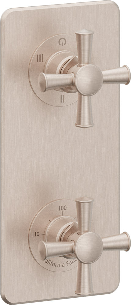 California Faucets Miramar StyleTherm Vista™ - Placa Cuadrada Sencilla (9" x 4"), Cartucho de 3 Salidas Compartidas, 2 Manijas de Cruz