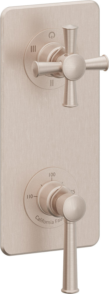 California Faucets Miramar StyleTherm Vista™ - Placa Cuadrada Sencilla (9" x 4"), Cartucho de 3 Salidas Compartidas, 1 Manija de Palanca y 1 Manija de Cruz
