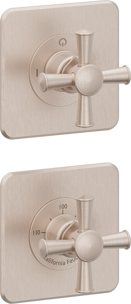 California Faucets Miramar StyleTherm Vista™ - Dos Placas Cuadradas (4" x 4" c/u), Cartucho de 1 Salida, 2 Manijas de Cruz
