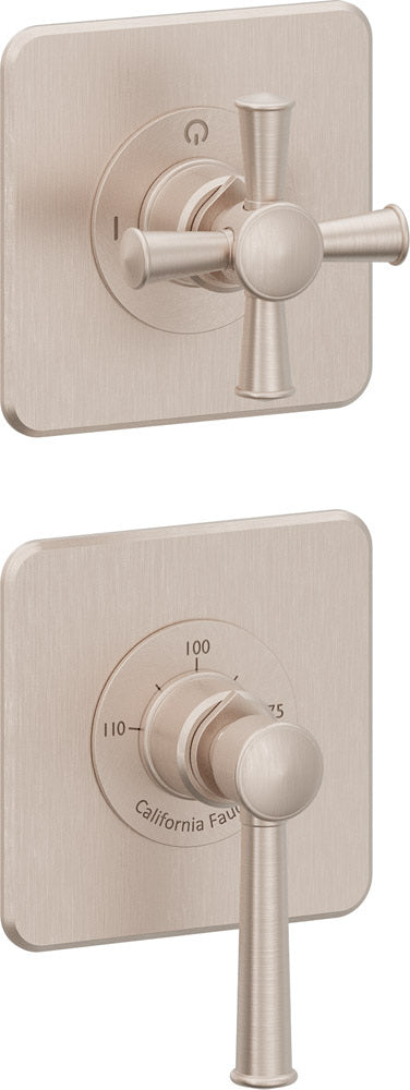 California Faucets Miramar StyleTherm Vista™ - Dos Placas Cuadradas (4" x 4" c/u), Cartucho de 2 Salidas Compartidas, 1 Manija de Palanca y 1 Manija de Cruz