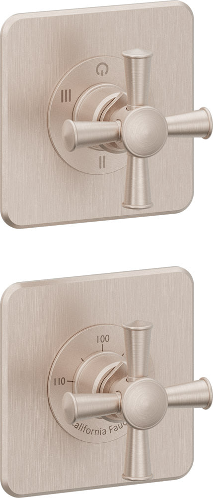 California Faucets Miramar StyleTherm Vista™ - Dos Placas Cuadradas (4" x 4" c/u), Cartucho de 3 Salidas Compartidas, 2 Manijas de Cruz