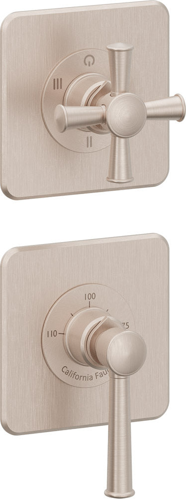 California Faucets Miramar StyleTherm Vista™ - Dos Placas Cuadradas (4" x 4" c/u), Cartucho de 3 Salidas Compartidas, 1 Manija de Palanca y 1 Manija de Cruz