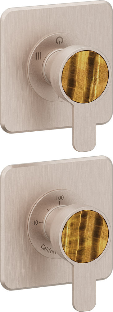 California Faucets Capitola StyleTherm Vista con Control de Tres Salidas y Paro - Placa Doble Quad - Níquel Satinado