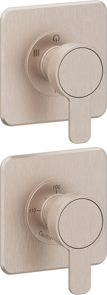 California Faucets Capitola StyleTherm Vista con Control de Tres Salidas - Placa Doble Quad - Níquel Satinado