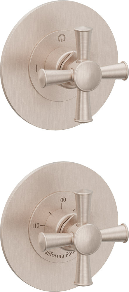 California Faucets Miramar StyleTherm Vista™ - Dos Placas Redondas (4" c/u), Cartucho de 2 Salidas No Compartidas, 2 Manijas de Cruz