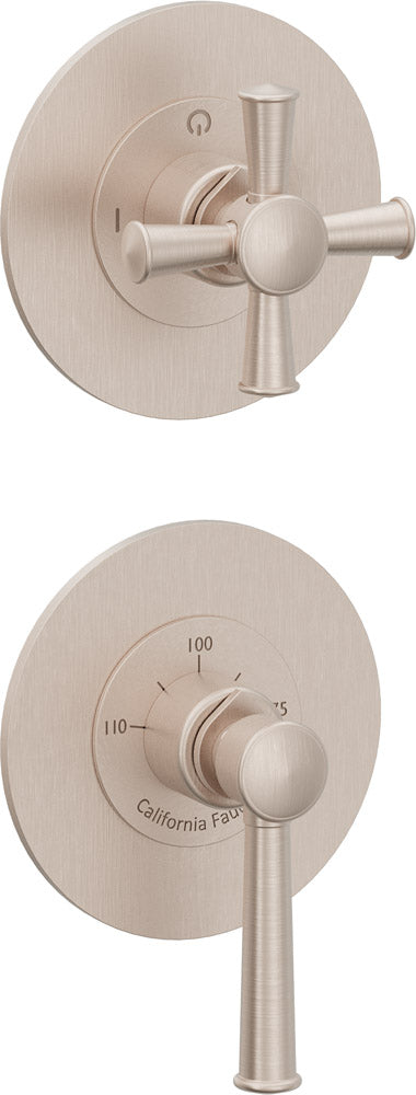 California Faucets Miramar StyleTherm Vista™ - Dos Placas Redondas (4" c/u), Cartucho de 2 Salidas No Compartidas, 1 Manija de Palanca y 1 Manija de Cruz