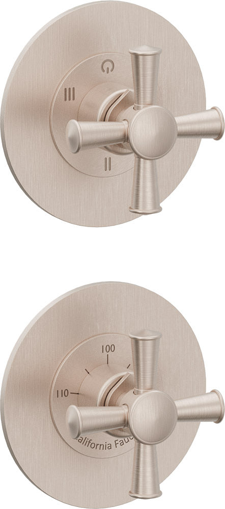 California Faucets Miramar StyleTherm Vista™ - Dos Placas Redondas (4" c/u), Cartucho de 3 Salidas Compartidas, 2 Manijas de Cruz