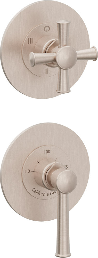 California Faucets Miramar StyleTherm Vista™ - Dos Placas Redondas (4" c/u), Cartucho de 3 Salidas No Compartidas, 1 Manija de Palanca y 1 Manija de Cruz