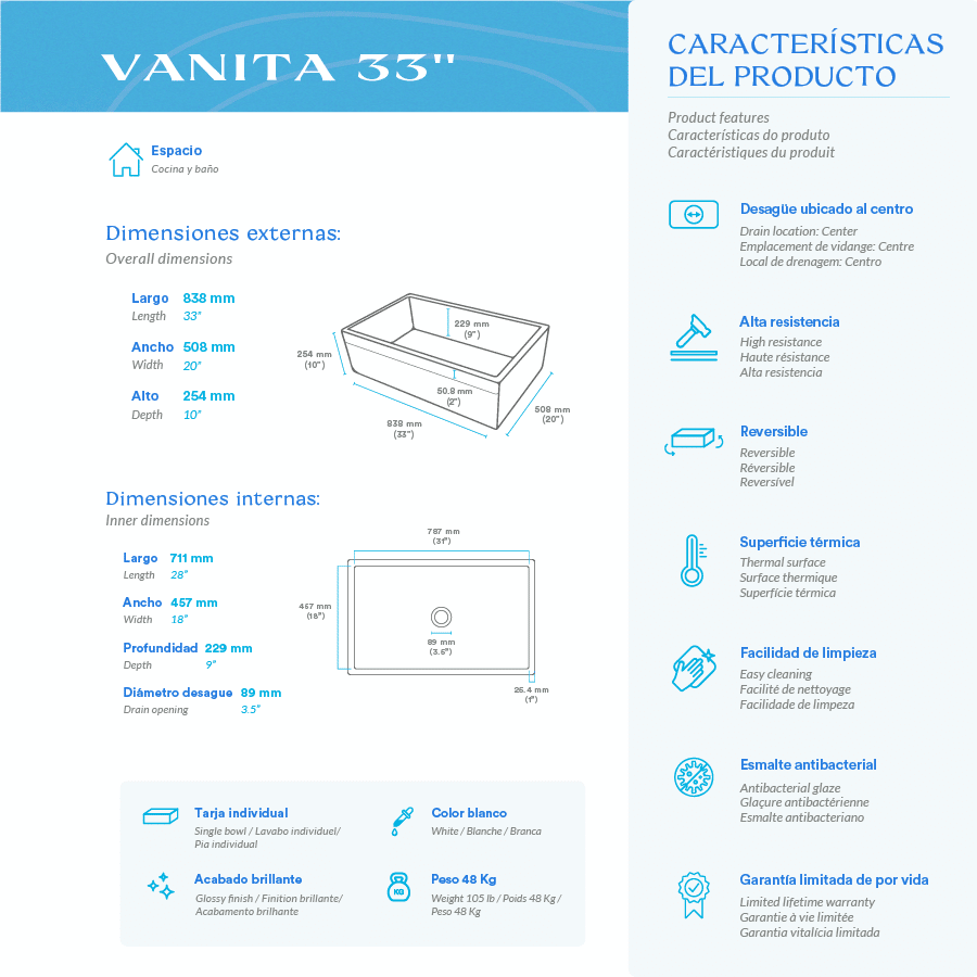 Bante Vanita — Tarja de Cocina de Cerámica Refractaria (Fireclay), Frente Granjero Liso — 33"