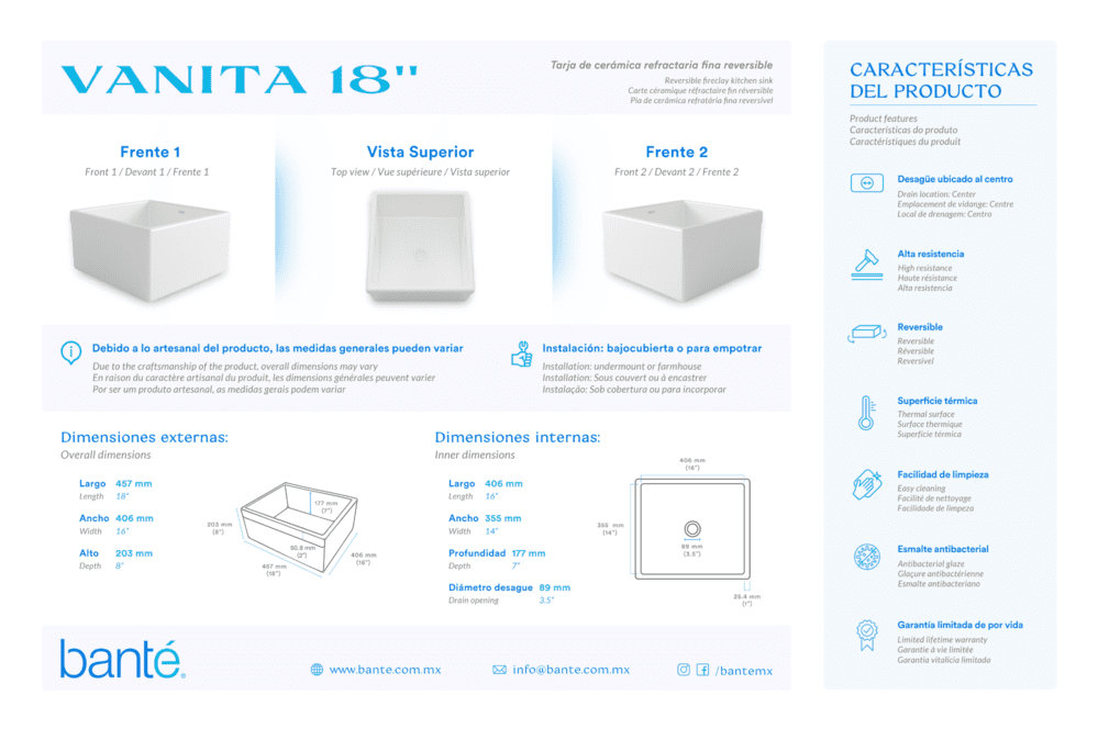 Bante Vanita — Tarja de Cocina de Cerámica Refractaria (Fireclay), Frente Granjero Liso — 18"