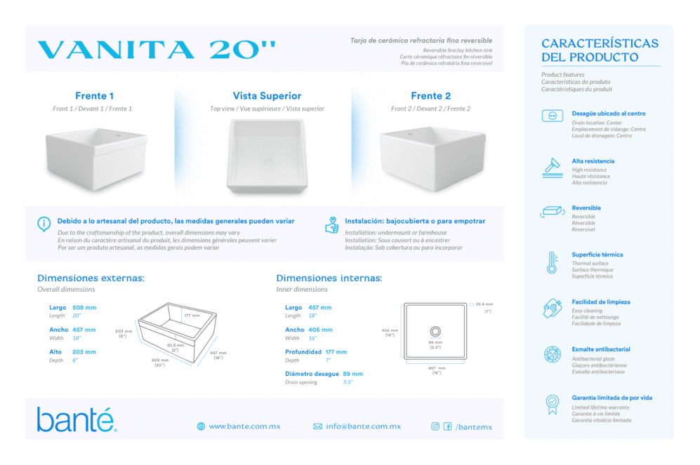 Bante Vanita — Tarja de Cocina de Cerámica Refractaria (Fireclay), Frente Granjero Liso — 20"