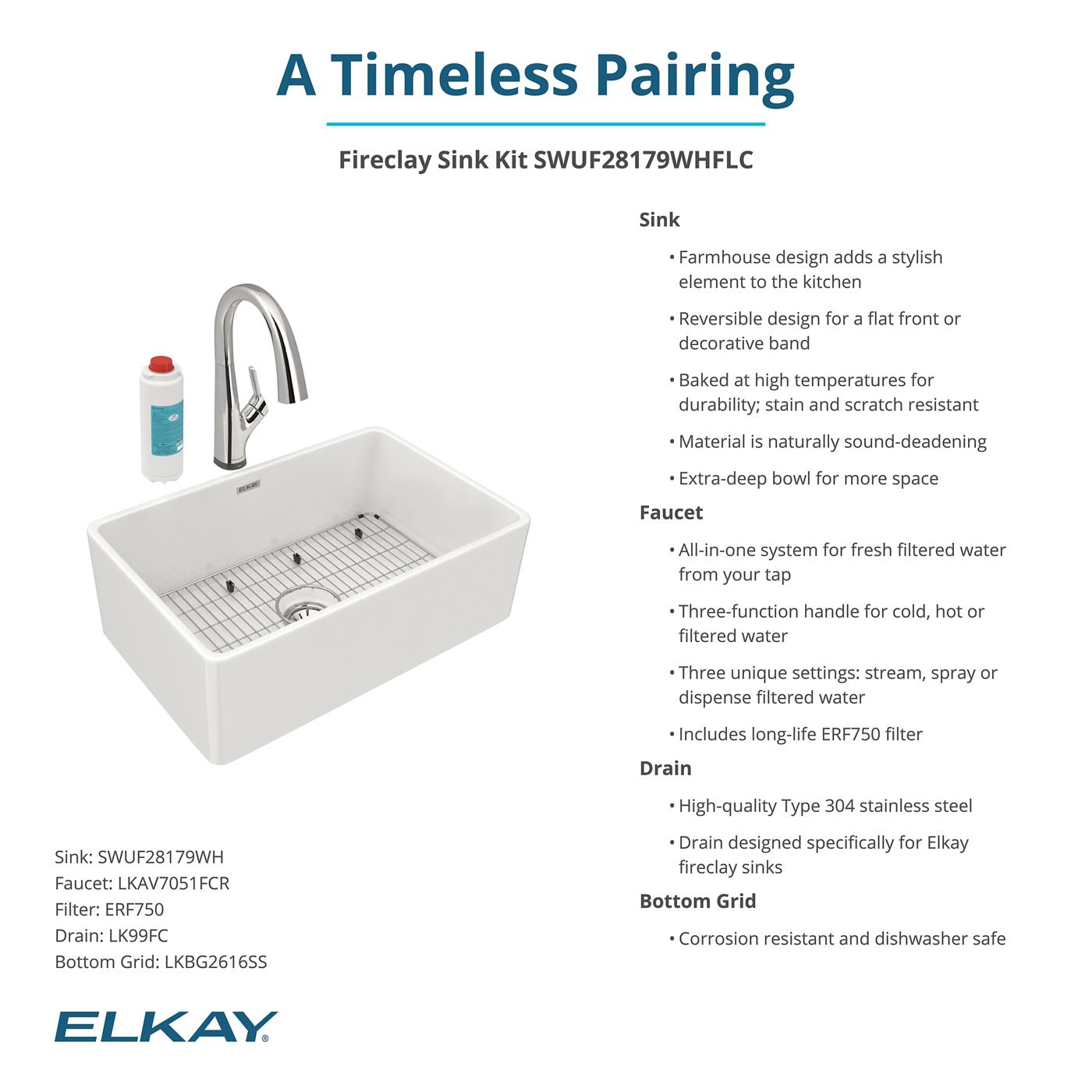 Elkay Tarja Fireclay 30" x 19-15/16" x 9-1/8" de Un Tazón Farmhouse (Kit) con Llave Filtrada — ambiente de cocina