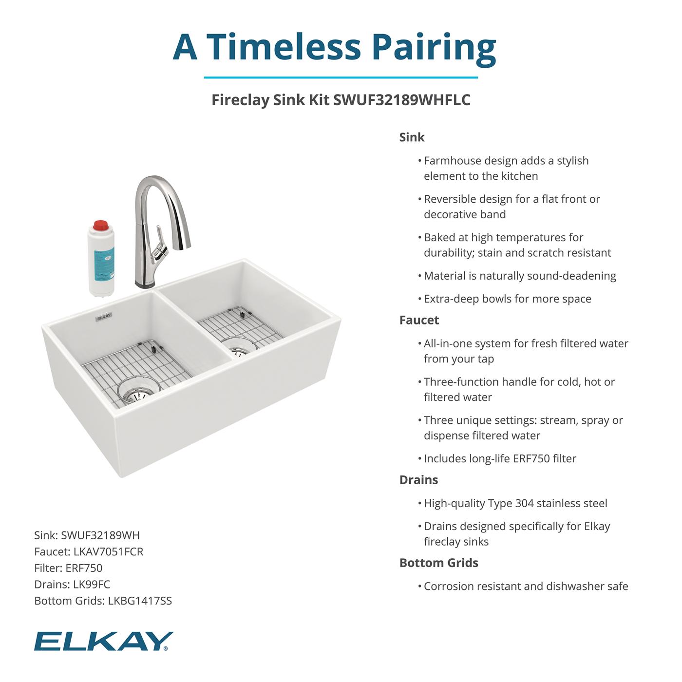 Elkay Tarja Fireclay 33" x 19-15/16" x 9" de Dos Tazones Iguales Farmhouse (Kit) con Llave Filtrada Blanco — ambiente de cocina
