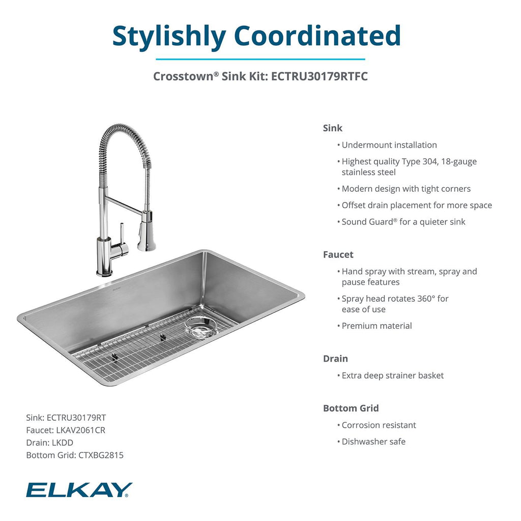 Elkay Tarja Crosstown® Calibre 18 Acero Inoxidable 31-1/2" x 18-1/2" x 9" de Un Tazón Bajo Cubierta (Kit) with Faucet — ambiente de cocina