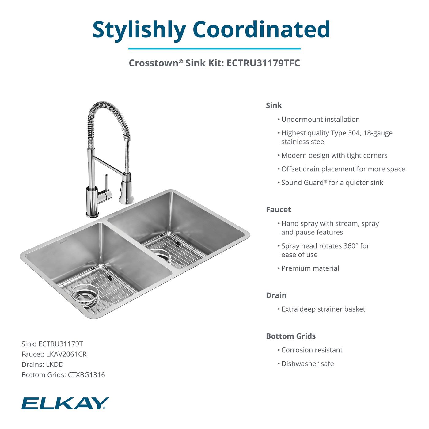 Elkay Tarja Crosstown® Calibre 18 Acero Inoxidable 31-1/2" x 18-1/2" x 9" de Dos Tazones Iguales Bajo Cubierta (Kit) with Faucet — ambiente de cocina