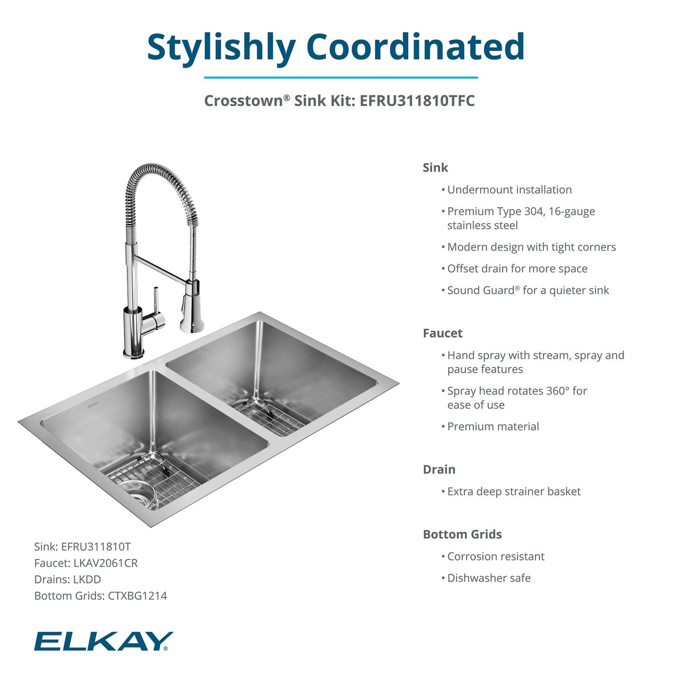 Elkay Tarja Crosstown® Calibre 16 Acero Inoxidable 30-3/4" x 18-1/2" x 10" de Dos Tazones Iguales Bajo Cubierta (Kit) with Faucet — ambiente de cocina