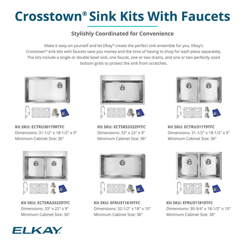 Elkay Tarja Crosstown® Calibre 18 Acero Inoxidable 33" x 22" x 9" 1 Orificio de Dos Tazones Iguales de Doble Montaje (Kit con Aqua Divide) and Faucet — ambiente de cocina
