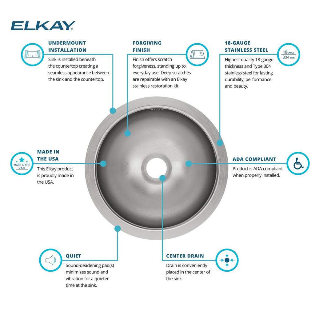 Elkay Tarja Asana® Acero Inoxidable 14-3/8" x 14-3/8" x 6" de Un Tazón Bajo Cubierta Bathroom — ambiente de cocina