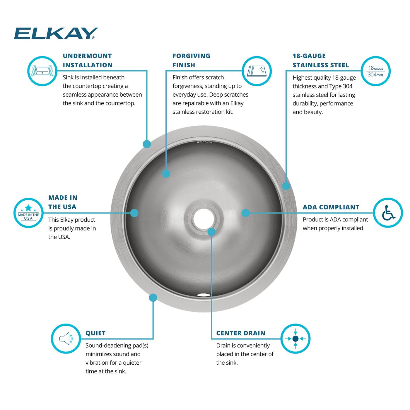 Elkay Tarja Asana® Acero Inoxidable 14-3/8" x 14-3/8" x 6" de Un Tazón Bajo Cubierta Bathroom with Overflow — ambiente de cocina
