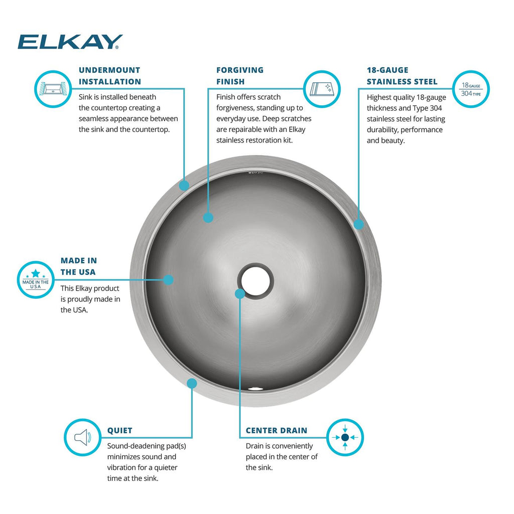 Elkay Tarja Asana® Acero Inoxidable 18-3/8" x 18-3/8" x 8" de Un Tazón Bajo Cubierta Bathroom with Overflow — ambiente de cocina