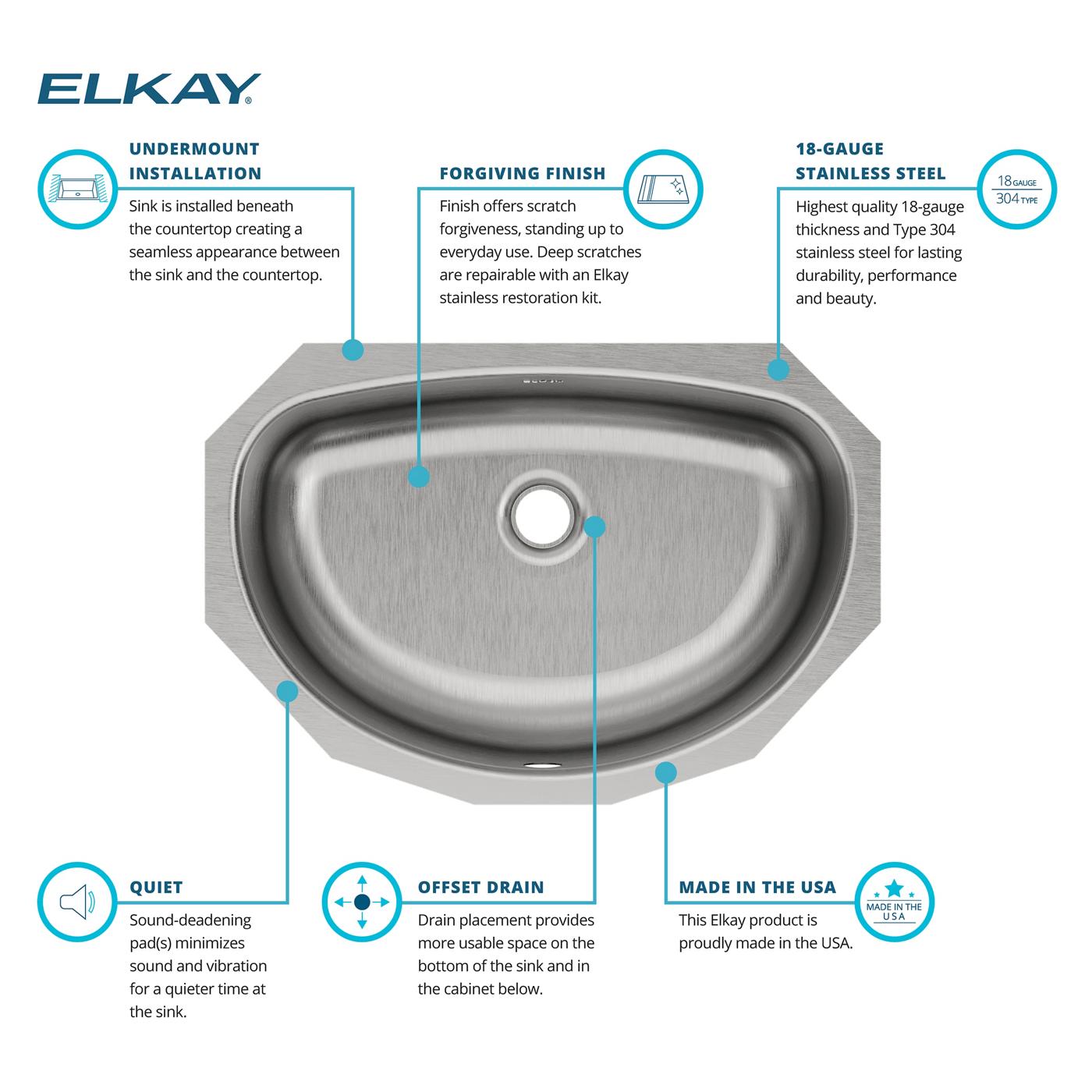 Elkay Tarja Asana® Acero Inoxidable 19-1/2" x 13-5/16" x 6-1/4" de Un Tazón Bajo Cubierta Bathroom — ambiente de cocina