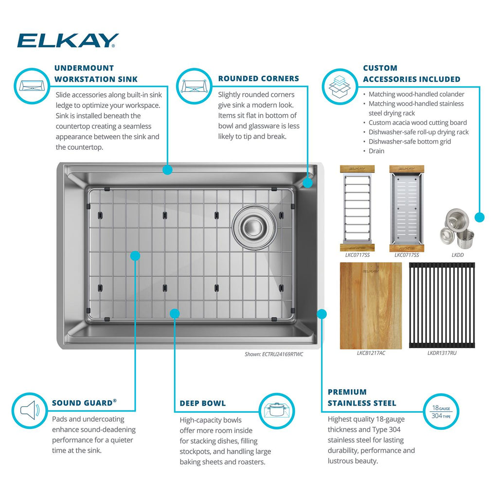 Elkay Tarja Crosstown® Calibre 18 Workstation Acero Inoxidable 25-1/2" x 18-1/2" x 9" de Un Tazón Bajo Cubierta (Kit) — ambiente de cocina